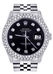 Womens Rolex Datejust Watch 16200 | 36Mm | Black Dial | Two Row 4.25 Carat Bezel | Jubilee Band