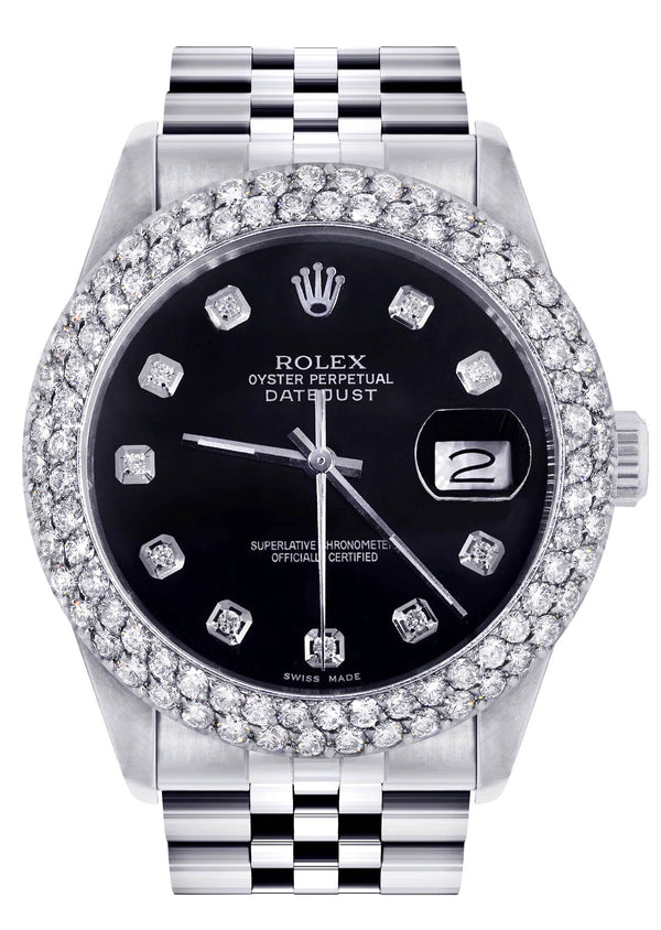 Womens Rolex Datejust Watch 16200 | 36Mm | Black Dial | Two Row 4.25 Carat Bezel | Jubilee Band