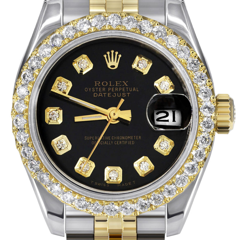 Womens Diamond Gold Hidden Clasp Rolex Watch | 1 Carat Bezel | 26Mm | Black Dial | Jubilee Band | Model 179173