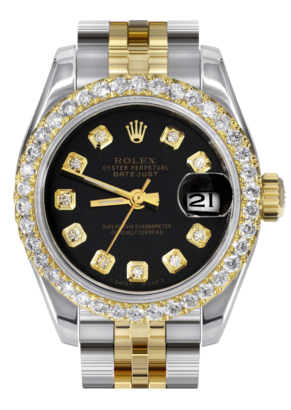 Womens Diamond Gold Hidden Clasp Rolex Watch | 1 Carat Bezel | 26Mm | Black Dial | Jubilee Band | Model 179173
