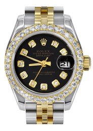 Womens Diamond Gold Hidden Clasp Rolex Watch | 1 Carat Bezel | 26Mm | Black Dial | Jubilee Band | Model 179173