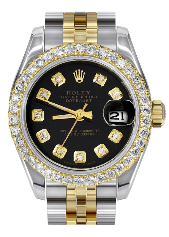 Womens Diamond Gold Hidden Clasp Rolex Watch | 1 Carat Bezel | 26Mm | Black Dial | Jubilee Band | Model 179173