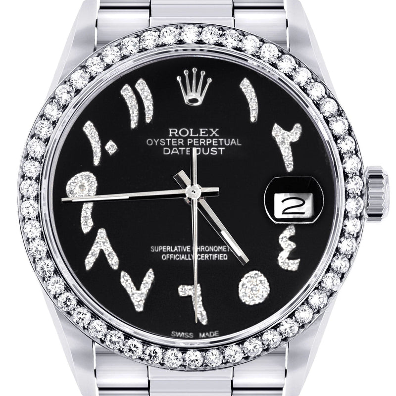 Diamond Mens  Rolex Datejust Watch 16200 | 36Mm | Black Arabic Diamond Dial | Oyster Band