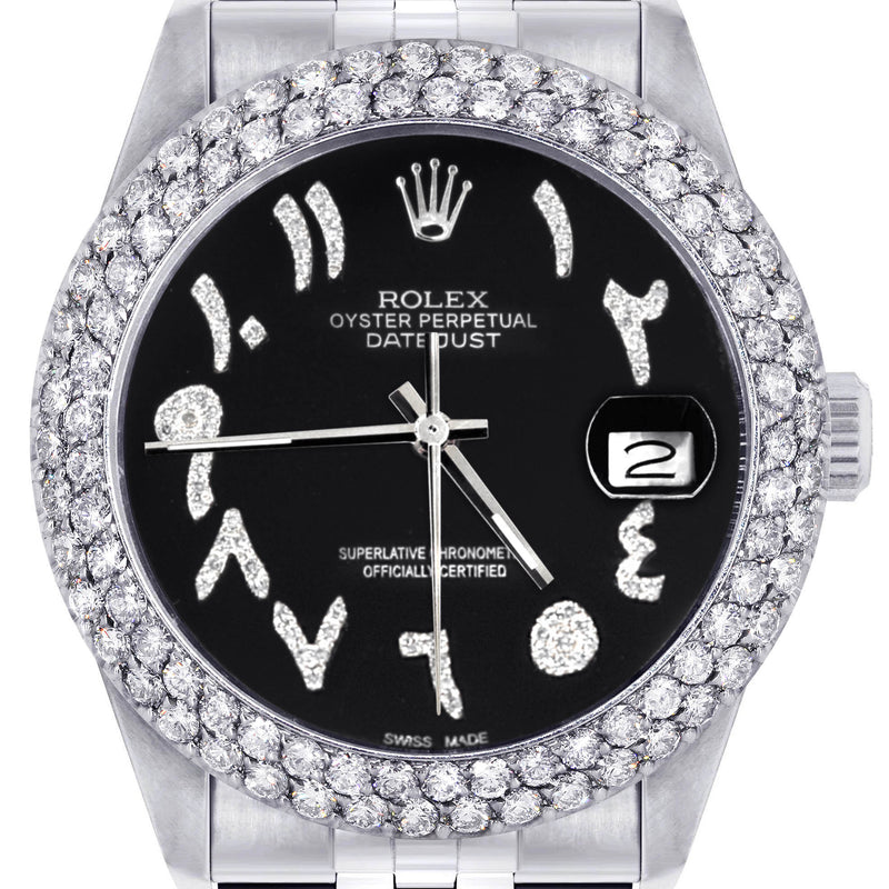 Womens Rolex Datejust Watch 16200 | 36Mm | Black Arabic Diamond Dial | Two Row 4.25 Carat Bezel | Jubilee Band
