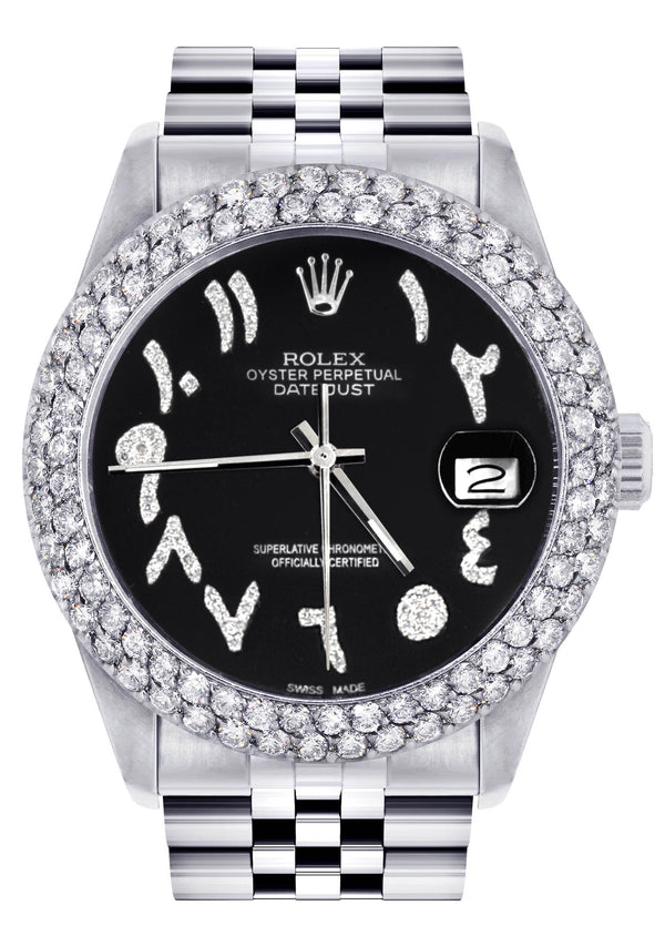 Womens Rolex Datejust Watch 16200 | 36Mm | Black Arabic Diamond Dial | Two Row 4.25 Carat Bezel | Jubilee Band