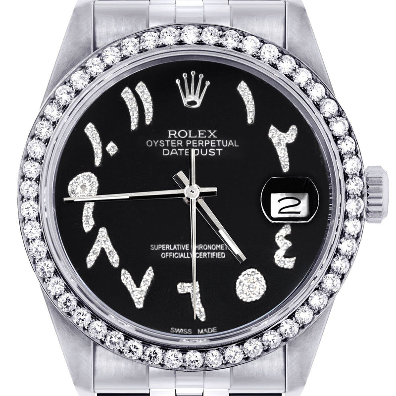Diamond Mens Rolex Datejust Watch 16200 | 36Mm | Black Arabic Diamond Dial | Jubilee Band