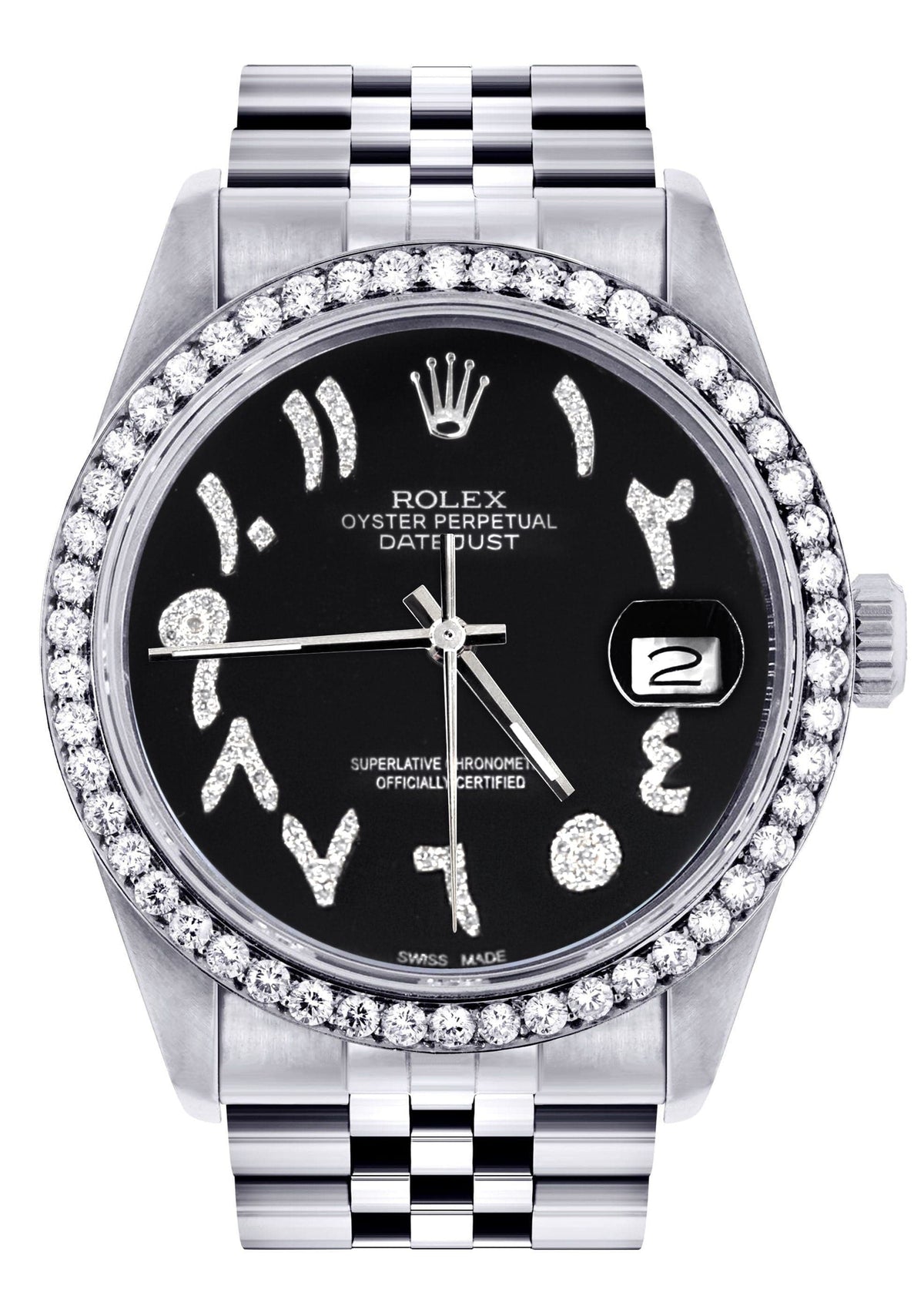 Diamond Mens Rolex Datejust Watch 16200 | 36Mm | Black Arabic Diamond Dial | Jubilee Band
