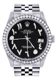 Diamond Mens Rolex Datejust Watch 16200 | 36Mm | Black Arabic Diamond Dial | Jubilee Band