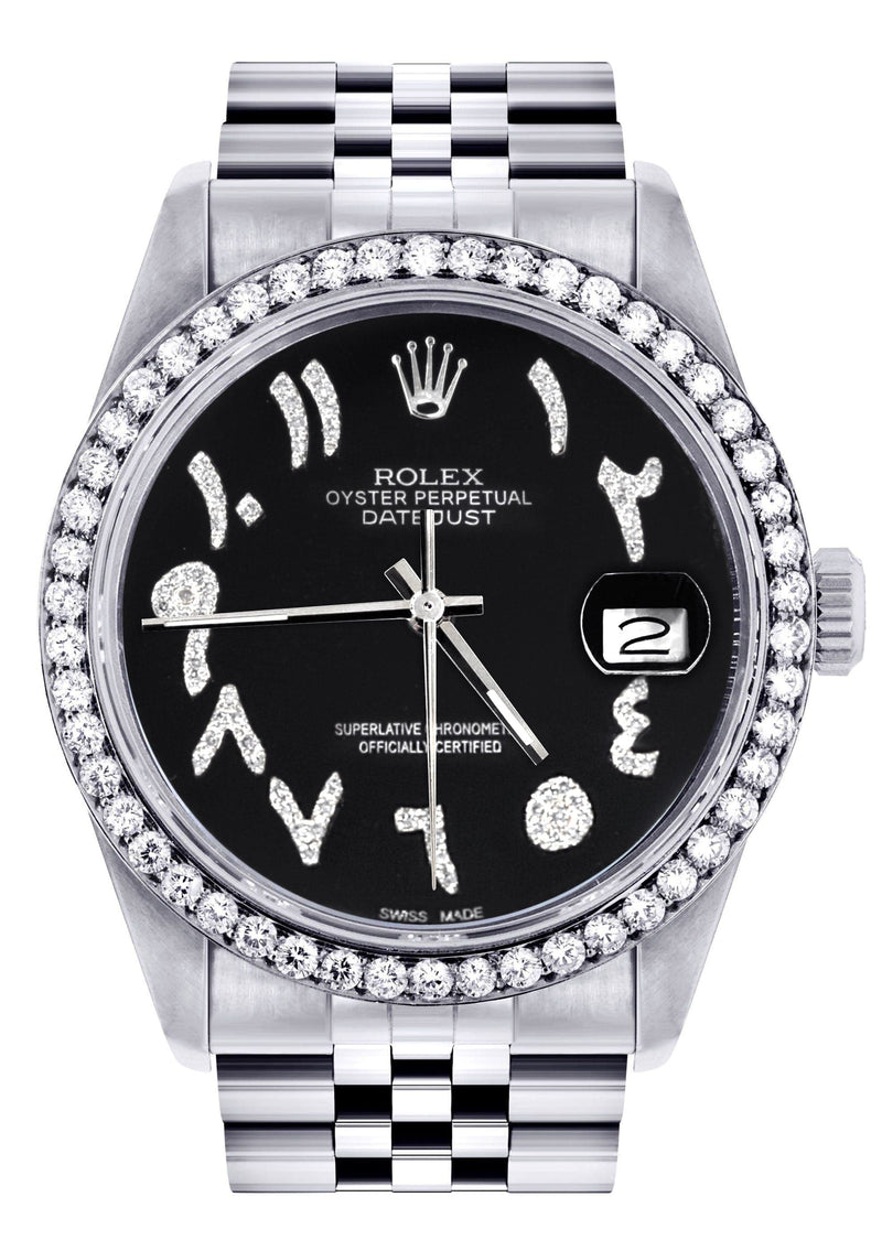 Diamond Mens Rolex Datejust Watch 16200 | 36Mm | Black Arabic Diamond Dial | Jubilee Band