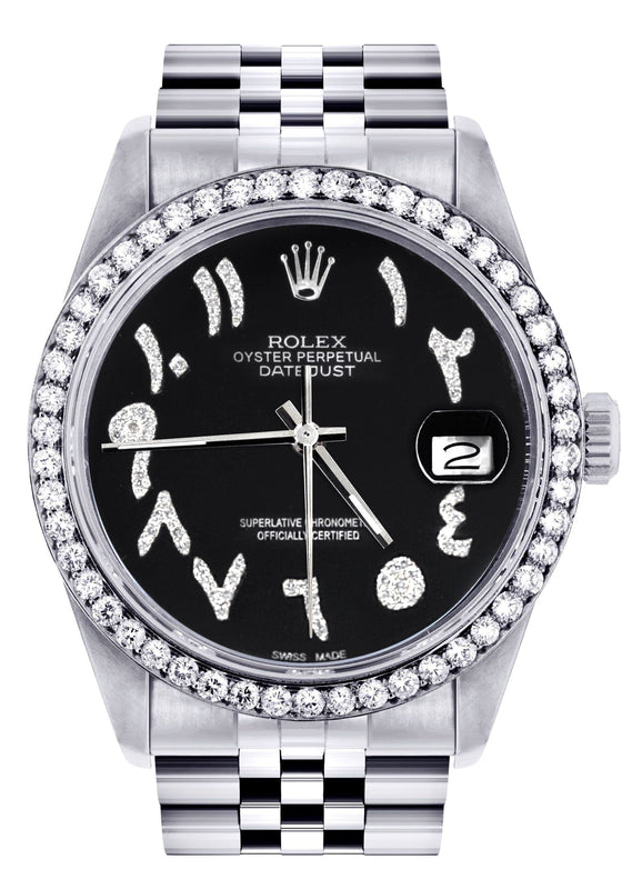 Diamond Mens Rolex Datejust Watch 16200 | 36Mm | Black Arabic Diamond Dial | Jubilee Band