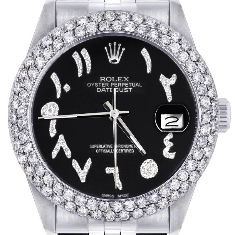 Mens Rolex Datejust Watch 16200 | 36Mm | Black Arabic Diamond Dial | Two Row 4.25 Carat Bezel | Jubilee Band