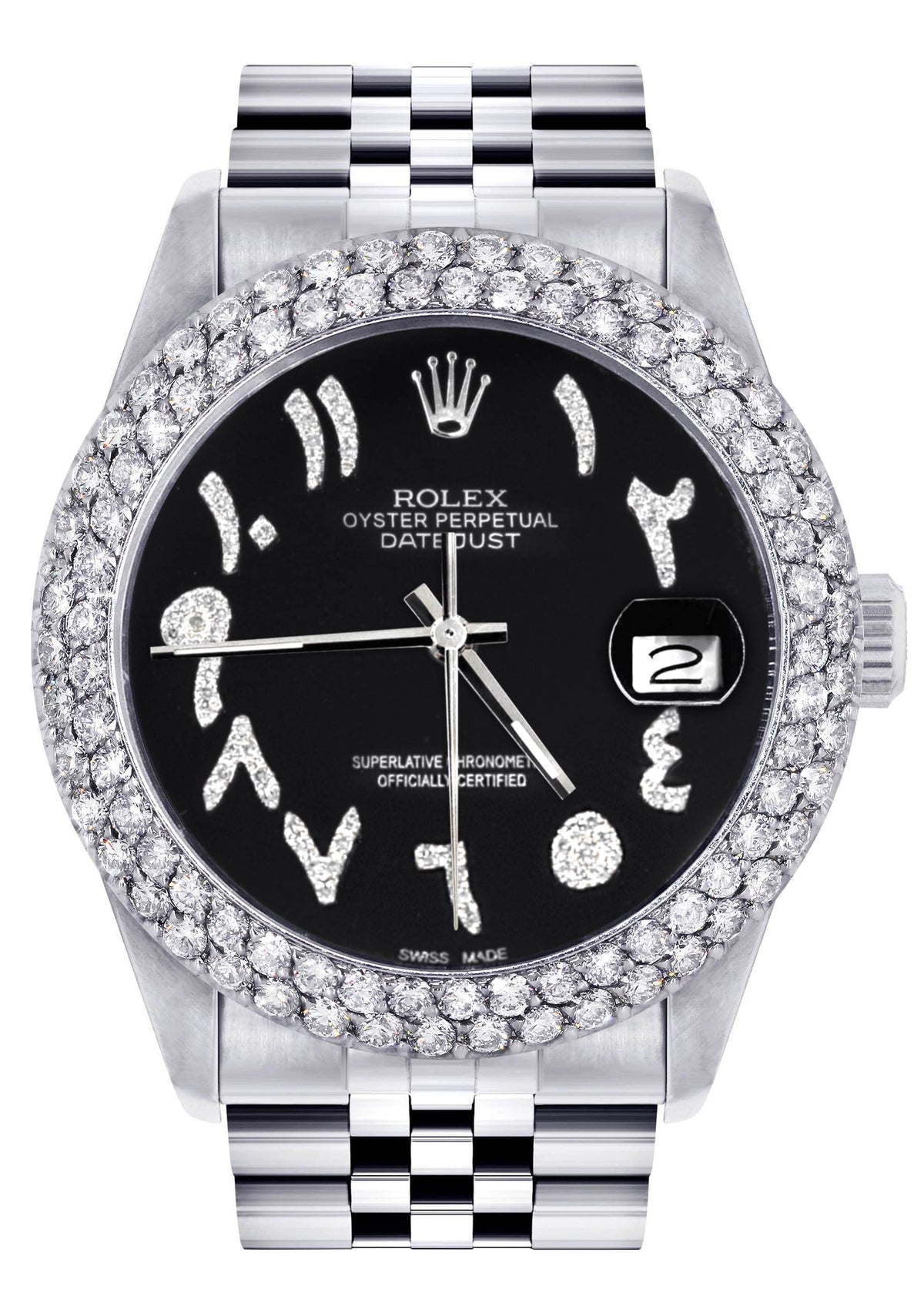 Mens Rolex Datejust Watch 16200 | 36Mm | Black Arabic Diamond Dial | Two Row 4.25 Carat Bezel | Jubilee Band