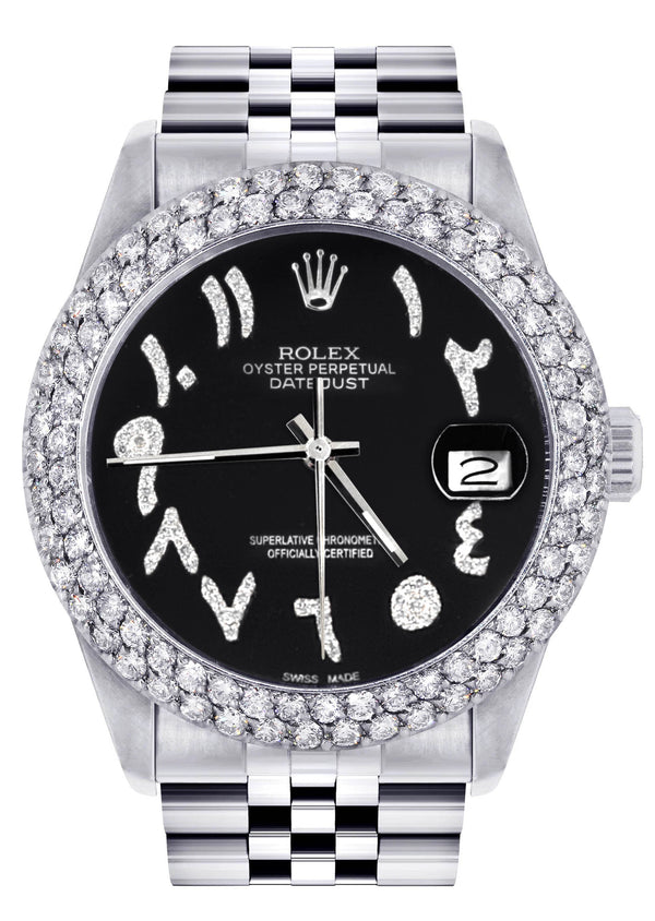 Mens Rolex Datejust Watch 16200 | 36Mm | Black Arabic Diamond Dial | Two Row 4.25 Carat Bezel | Jubilee Band