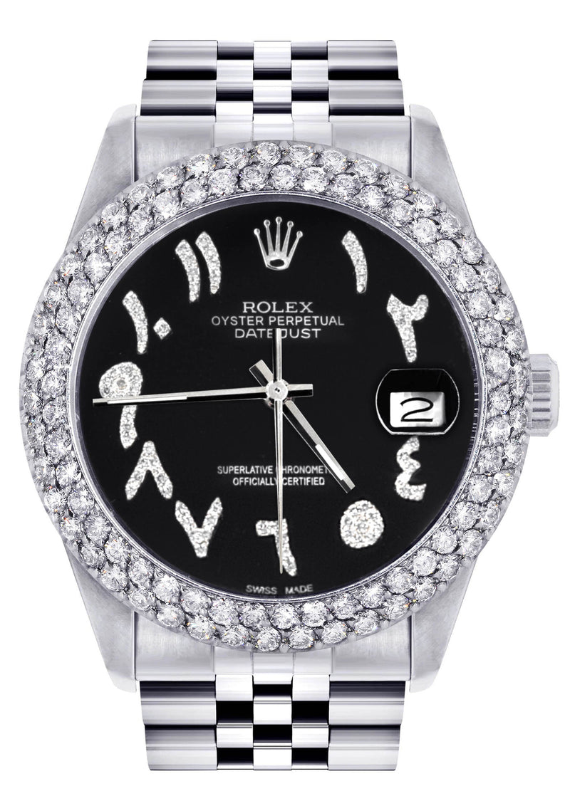 Mens Rolex Datejust Watch 16200 | 36Mm | Black Arabic Diamond Dial | Two Row 4.25 Carat Bezel | Jubilee Band