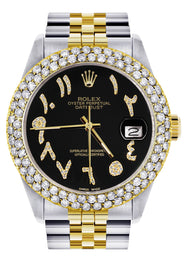Diamond Gold Rolex Watch For Women 16233 | 36Mm | Black Arabic Diamond Dial | Two Row 4.25 Carat Bezel | Jubilee Band