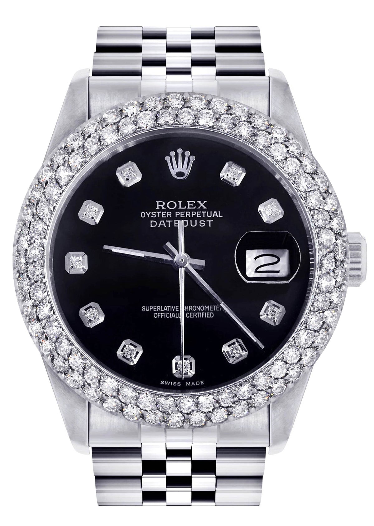 Mens Rolex Datejust Watch 16200 | 36Mm | Black Dial | Two Row 4.25 Carat Bezel | Jubilee Band