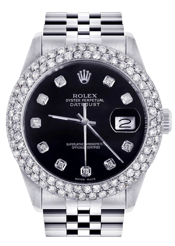 Mens Rolex Datejust Watch 16200 | 36Mm | Black Dial | Two Row 4.25 Carat Bezel | Jubilee Band