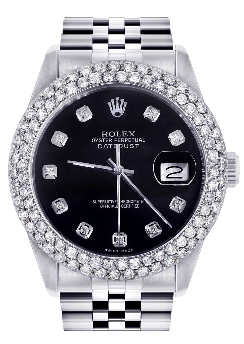 Mens Rolex Datejust Watch 16200 | 36Mm | Black Dial | Two Row 4.25 Carat Bezel | Jubilee Band