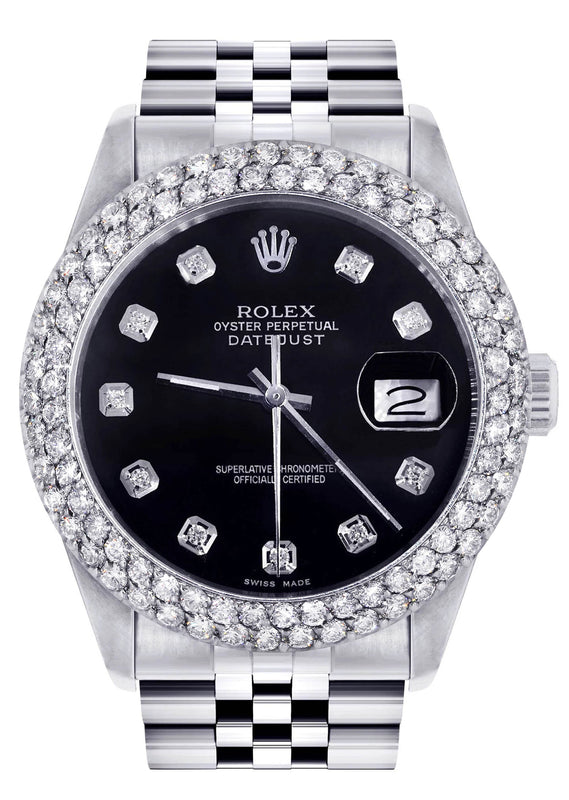 Mens Rolex Datejust Watch 16200 | 36Mm | Black Dial | Two Row 4.25 Carat Bezel | Jubilee Band