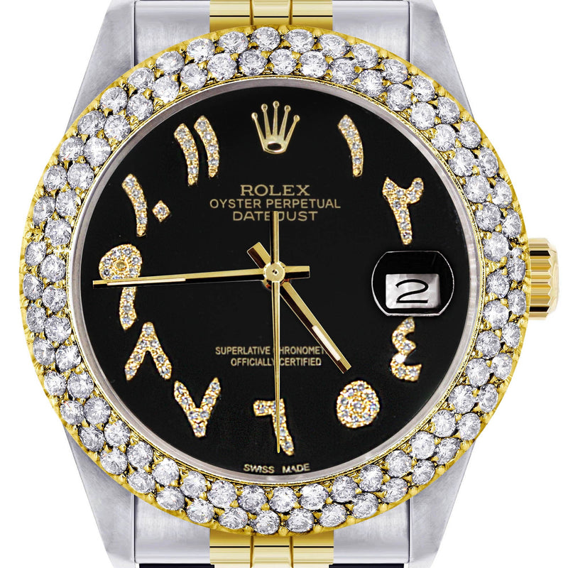 Diamond Gold Rolex Watch For Men 16233 | 36Mm | Black Arabic Diamond Dial | Two Row 4.25 Carat Bezel | Jubilee Band
