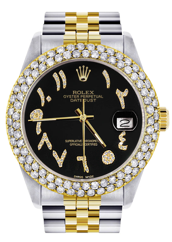 Diamond Gold Rolex Watch For Men 16233 | 36Mm | Black Arabic Diamond Dial | Two Row 4.25 Carat Bezel | Jubilee Band