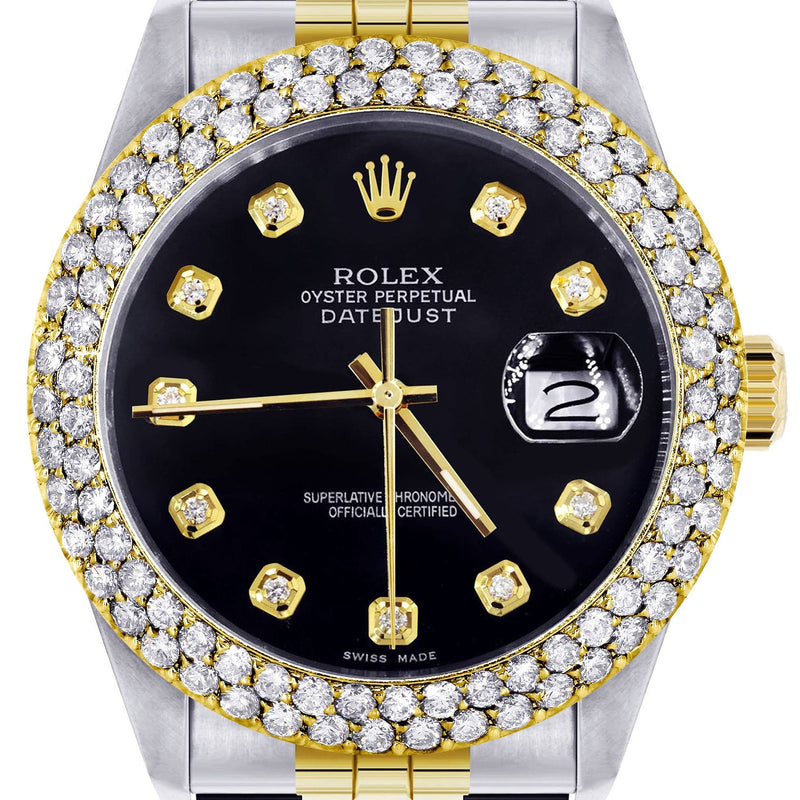 Diamond Gold Rolex Watch For Men 16233 | 36Mm | Black Dial | Two Row 4.25 Carat Bezel | Jubilee Band