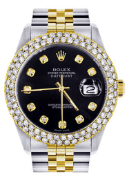 Diamond Gold Rolex Watch For Men 16233 | 36Mm | Black Dial | Two Row 4.25 Carat Bezel | Jubilee Band