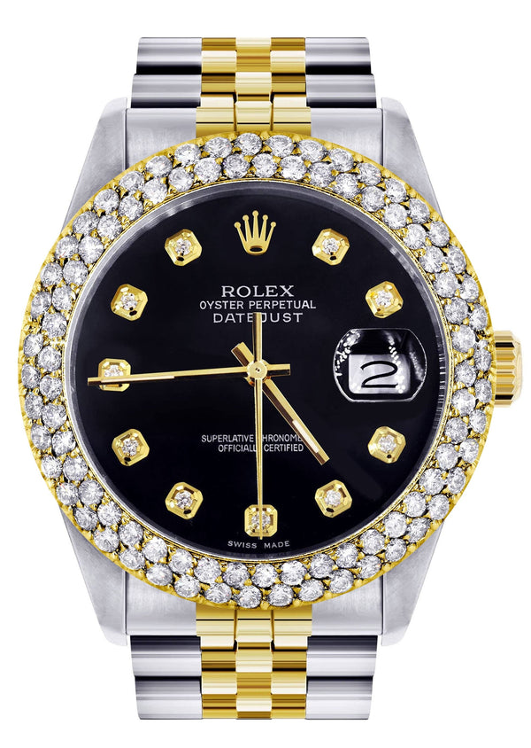 Diamond Gold Rolex Watch For Men 16233 | 36Mm | Black Dial | Two Row 4.25 Carat Bezel | Jubilee Band