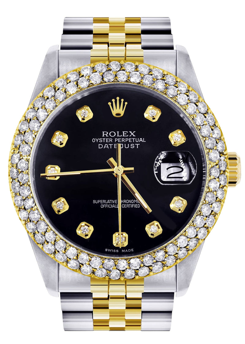 Diamond Gold Rolex Watch For Men 16233 | 36Mm | Black Dial | Two Row 4.25 Carat Bezel | Jubilee Band