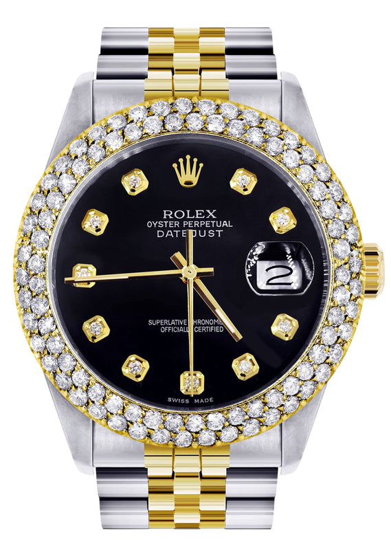 Diamond Gold Rolex Watch For Men 16233 | 36Mm | Black Dial | Two Row 4.25 Carat Bezel | Jubilee Band