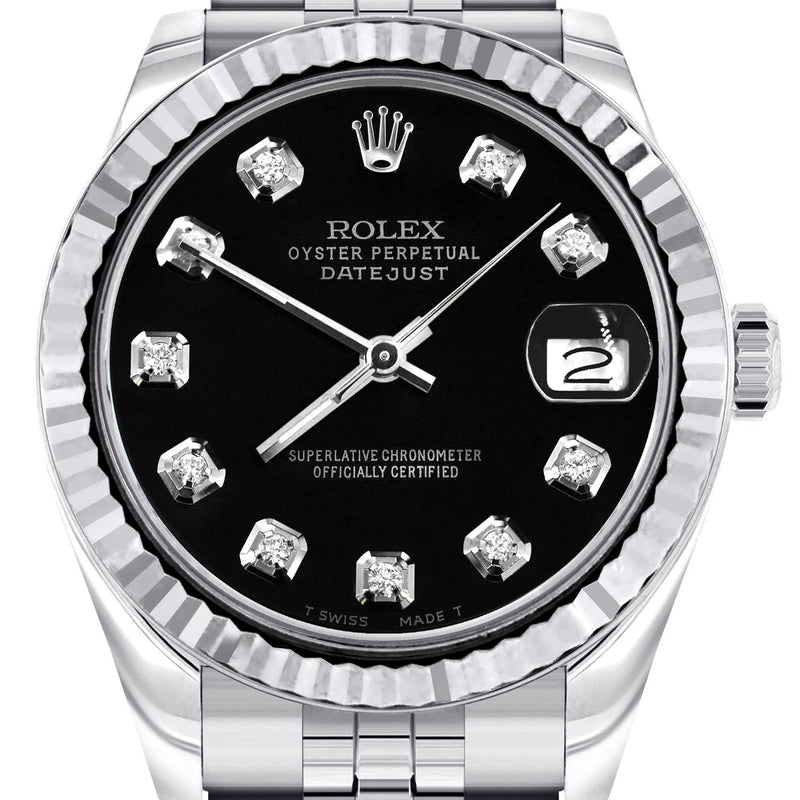 Diamond Rolex Watch | 68274 | Fluted Bezel | 31MM | Black Diamond Dial | Jubilee Band