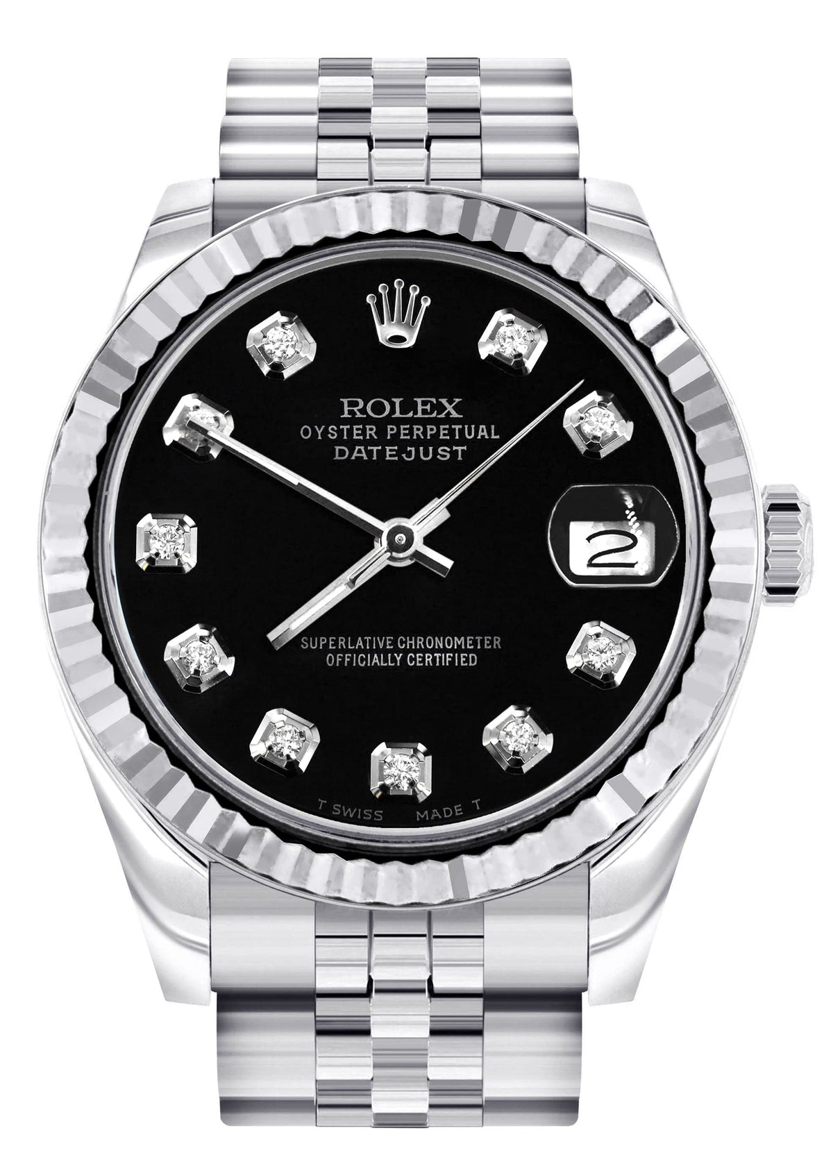 Diamond Rolex Watch | 68274 | Fluted Bezel | 31MM | Black Diamond Dial | Jubilee Band