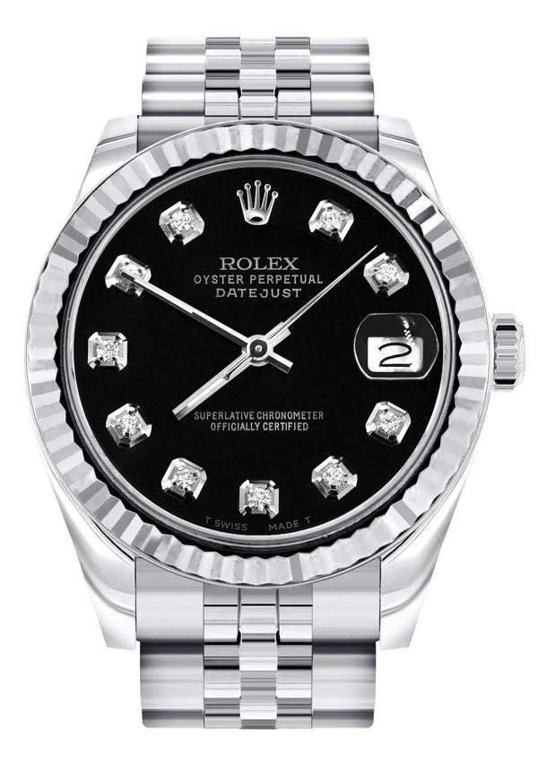 Diamond Rolex Watch | 68274 | Fluted Bezel | 31MM | Black Diamond Dial | Jubilee Band