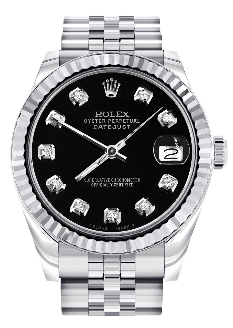 Diamond Rolex Watch | 68274 | Fluted Bezel | 31MM | Black Diamond Dial | Jubilee Band