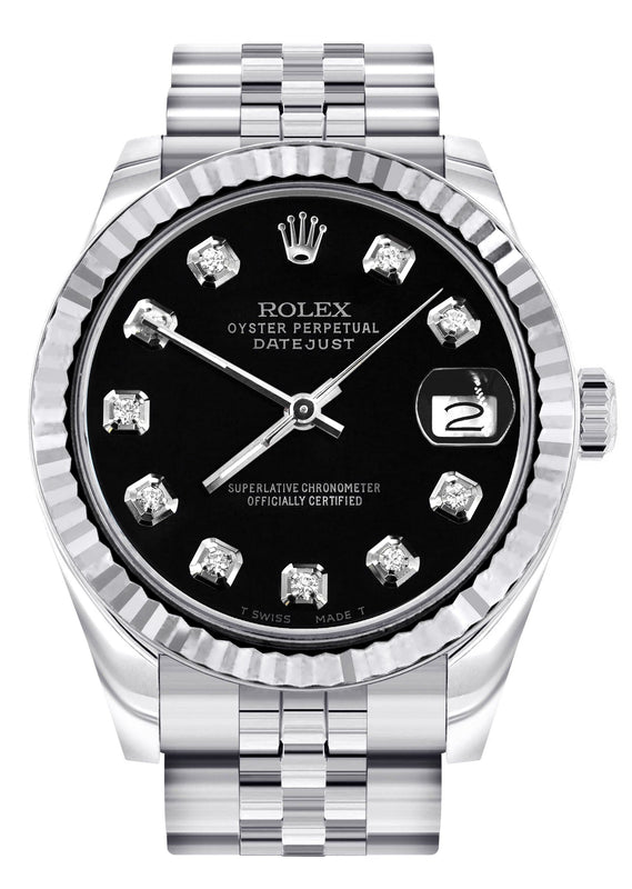 Diamond Rolex Watch | 68274 | Fluted Bezel | 31MM | Black Diamond Dial | Jubilee Band