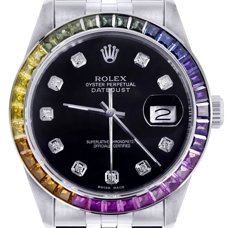 Diamond Gold Rolex Watch For Men 16200 | 36Mm | Rainbow Sapphire Bezel | Black Dial | Jubilee Band