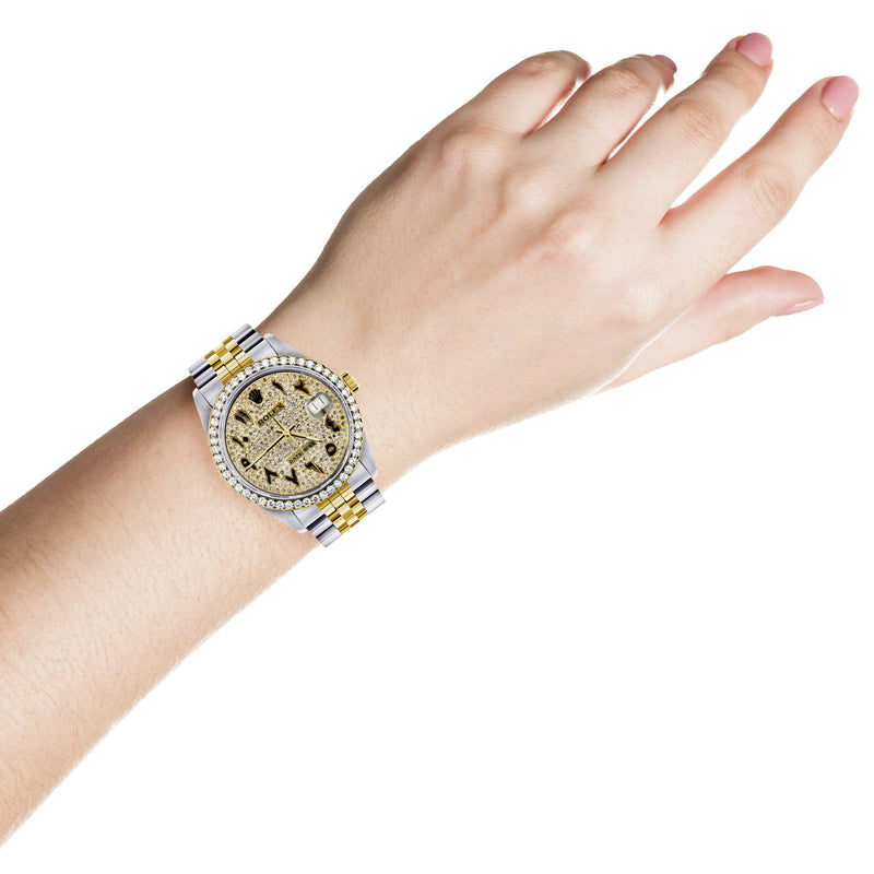 Womens Diamond Gold Rolex Watch 16233 | 36Mm | Black Arabic Full Diamond Dial | Jubilee Band