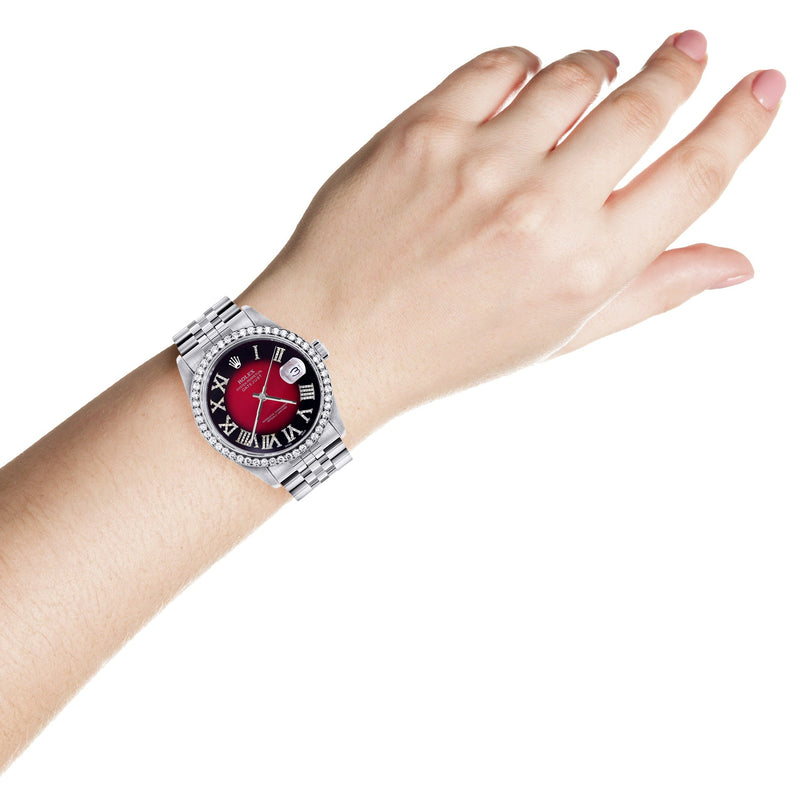 Womens Rolex Datejust Watch 16200 | 36Mm | Diamond Red Roman Numeral Dial | Jubilee Band