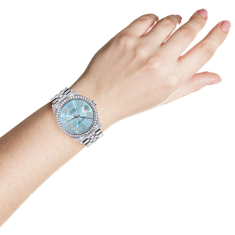 Womens Rolex Datejust Watch 16200 | 36Mm | Light Blue Roman Numeral Dial | Jubilee Band