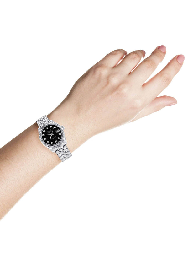 Diamond Rolex Watch | 68274 | Diamond Bezel | 31MM | Black Diamond Dial | Jubilee Band