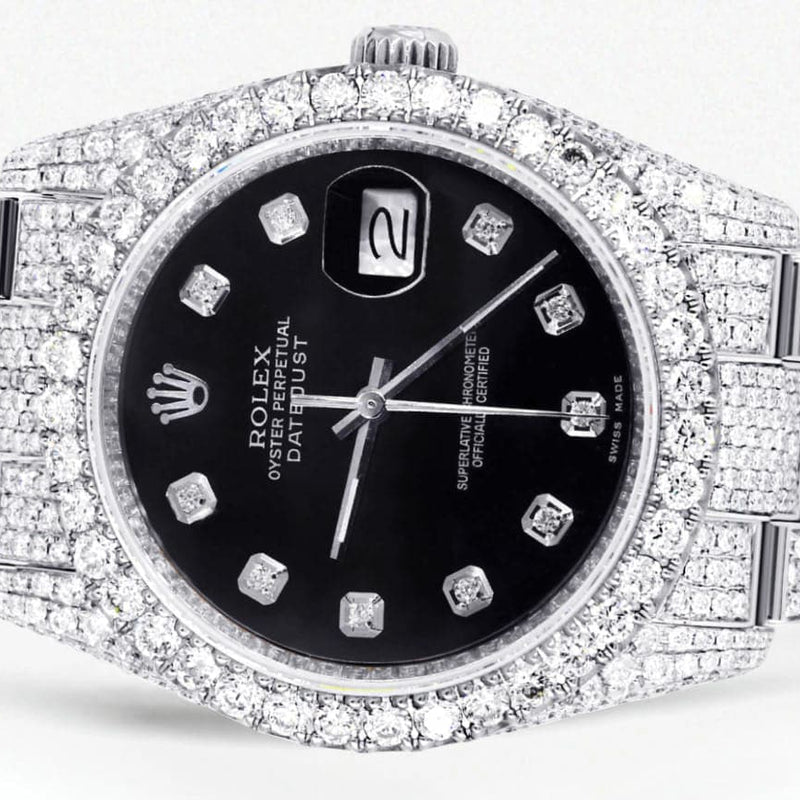 Iced Out Rolex Datejust 36 MM | Stainless Steel | 16.5 Carats of Diamonds | Black Dial | Jubilee Band | Model 116200