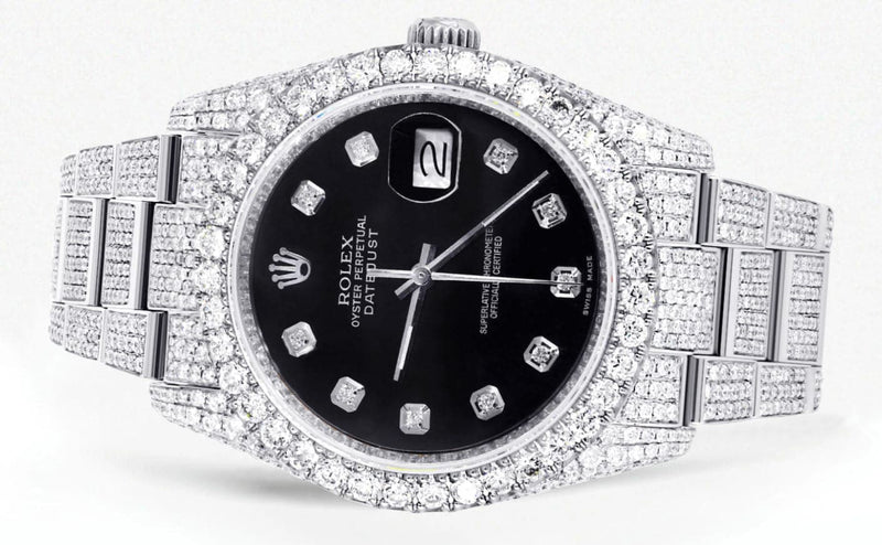 Iced Out Rolex Datejust 36 MM | Stainless Steel | 16.5 Carats of Diamonds | Black Dial | Jubilee Band | Model 116200