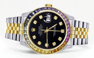 Diamond Gold Rolex Watch For Men 16233 | 36Mm | Rainbow Sapphire Bezel | Black Dial | Jubilee Band
