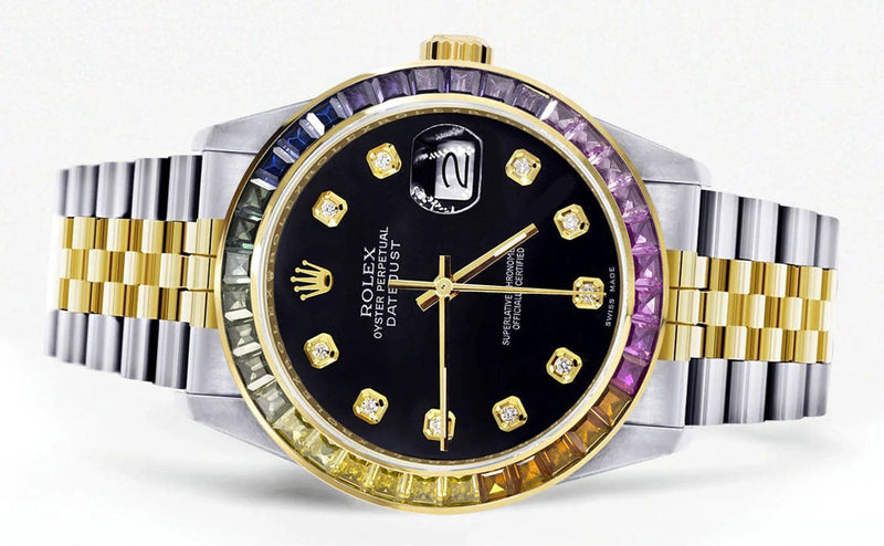 Diamond Gold Rolex Watch For Men 16233 | 36Mm | Rainbow Sapphire Bezel | Black Dial | Jubilee Band