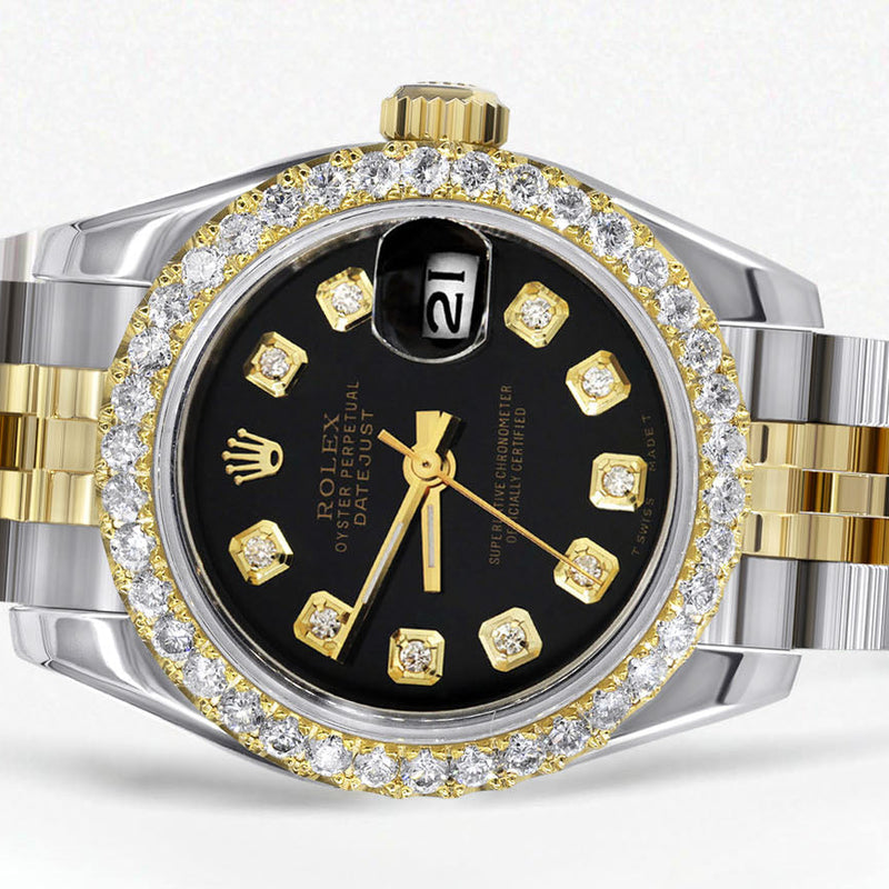 Womens Diamond Gold Hidden Clasp Rolex Watch | 1 Carat Bezel | 26Mm | Black Dial | Jubilee Band | Model 179173