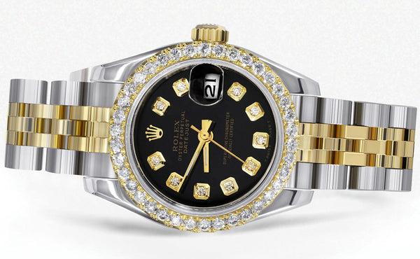 Womens Diamond Gold Hidden Clasp Rolex Watch | 1 Carat Bezel | 26Mm | Black Dial | Jubilee Band | Model 179173