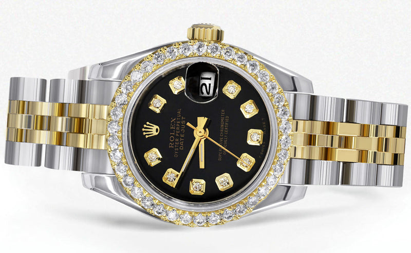 Womens Diamond Gold Hidden Clasp Rolex Watch | 1 Carat Bezel | 26Mm | Black Dial | Jubilee Band | Model 179173