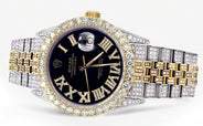 Iced Out Rolex Datejust 36 MM | Two Tone | 10 Carats of Diamonds | Black Roman Diamond Dial