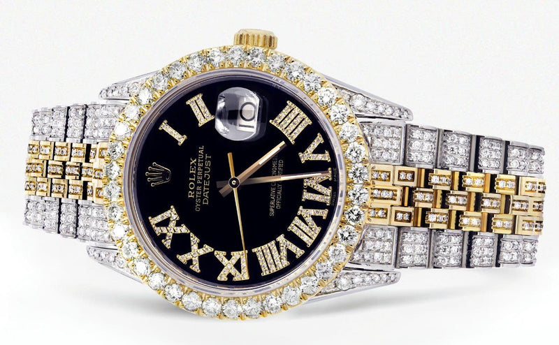Iced Out Rolex Datejust 36 MM | Two Tone | 10 Carats of Diamonds | Black Roman Diamond Dial
