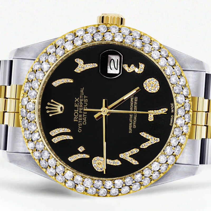 Diamond Gold Rolex Watch For Men 16233 | 36Mm | Black Arabic Diamond Dial | Two Row 4.25 Carat Bezel | Jubilee Band